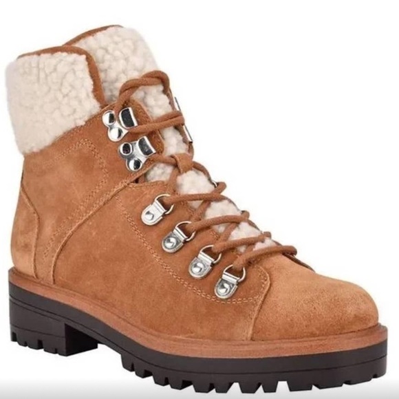 Marc Fisher Isalia Suede Lace Up Shearling Combat Boots Brown Tan 10 - Picture 1 of 8
